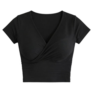 V-neck sexy crop top T-shirt for women 纯色V领性感露脐T恤女