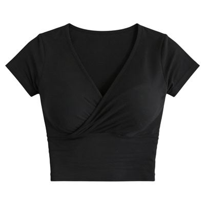 V-neck sexy crop top T-shirt for women 纯色V领性感露脐T恤女