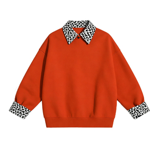 红调春装~橘红色卫衣女款春秋斑马纹拼接翻领假两件宽松显瘦上衣