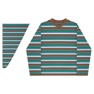 HONORE古月 全棉原创 撞色圆领条纹 宽松百搭落肩版披肩T恤