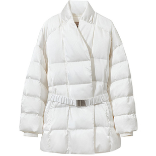 Amii立领交叠门襟卡扣腰带棉被款羽绒服女2025冬装新款落肩袖外套