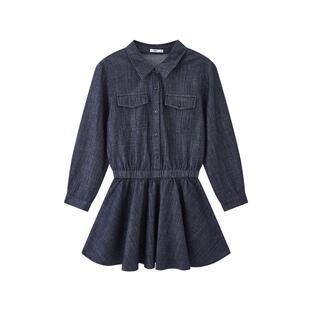 三福连衣裙2026新款春季工装风收腰散摆蓝色牛仔短裙子女装518388