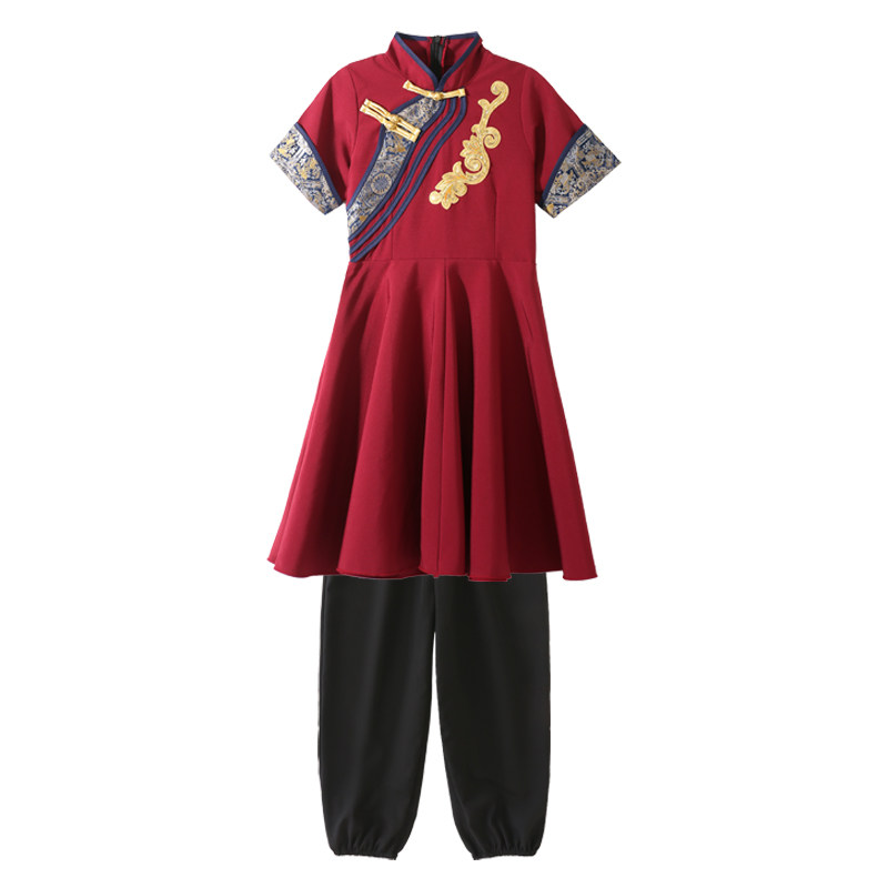 新款儿童蒙古族舞蹈演出服男女童酒红色蒙族民族表演服装成人亲子