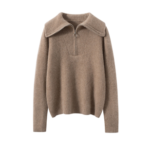 秋冬新款100%纯山羊绒衫女半拉链大翻领加厚宽松毛衣针织衫打底衫