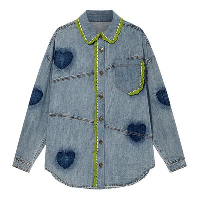 Desigual牛仔拼接钩针花边爱心女式衬衫