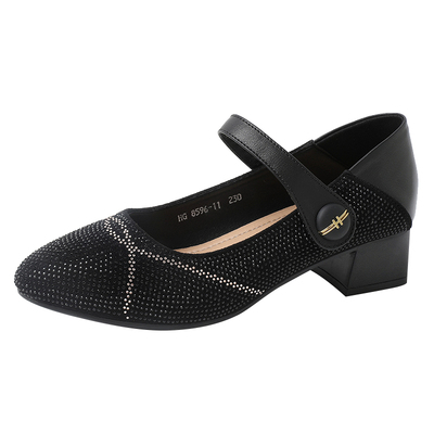 尖头水钻粗跟时尚玛丽珍单鞋女