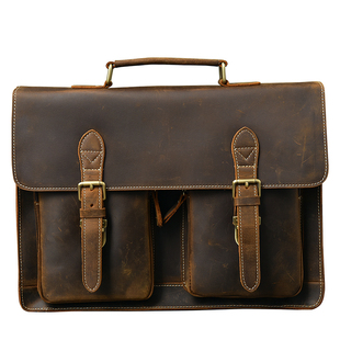 二十四街 经典款英伦风男士牛皮手提包疯马皮单肩斜挎邮差包男包