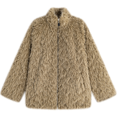 万有引力博物馆 仿皮草外套女秋冬款2025年新款宽松百搭立领上衣