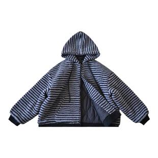 H AND E 原创童装女童条纹羊羔毛棉服连帽2026早春新款加厚外套