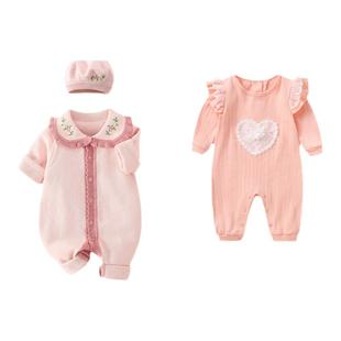 婴儿衣服秋冬加绒连体衣女宝宝满月百天哈衣春装毛衣套装冬装爬服