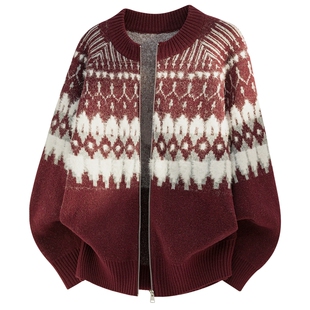 男士费尔岛毛衣男款2025新款秋冬季宽松上衣安可拉红长袖针织开衫