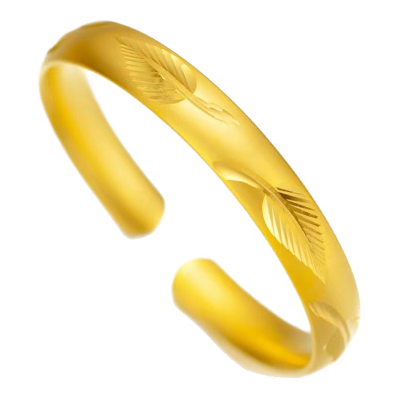 新款沙金仿真黄金银羽毛手镯实心开口锡金包银送女友礼物结婚首饰