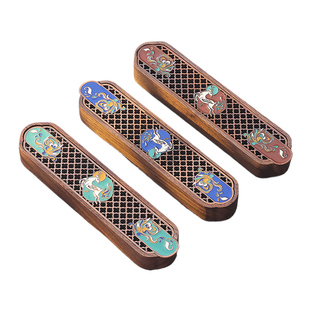 复古珐琅彩敦煌实木卧香盒家用非遗黑桃木线香炉室内檀香托盘底座