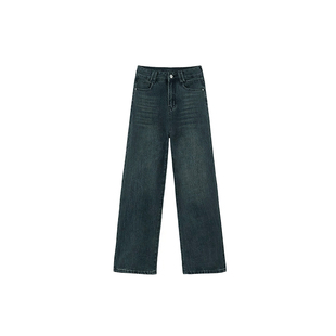 蓝灰色直筒牛仔裤女秋冬加绒胖妹妹mm梨型身材高腰宽松显瘦阔腿裤