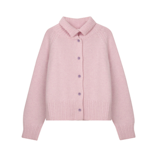 BLUEerror 全羊毛翻领绞花拼接白色毛衣开衫女慵懒保暖针织衫早秋