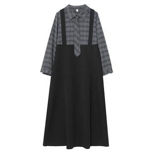 240斤胖莹莹大码女装学院风格纹假两件JK领带加厚显瘦长款连衣裙