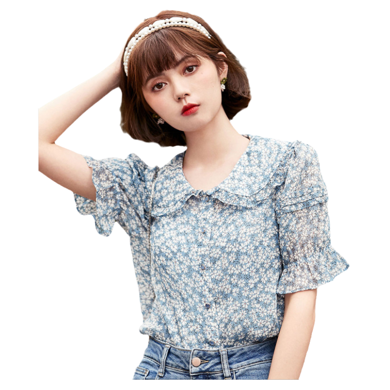 Oece小众设计感小衫春夏季装新款女装减龄木耳花边娃娃领碎花衬衫