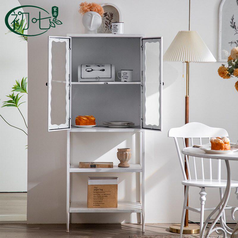 北欧ins玻璃创意橱柜客厅厨房收纳陈列柜法式做旧铁艺金属置物柜