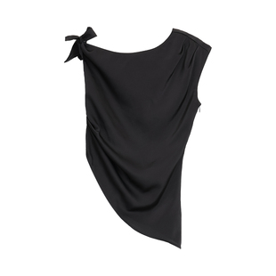 NEVA HU氛围美学 轻奢缎面斜肩绑带背心上衣女不规则捏褶无袖衬衫