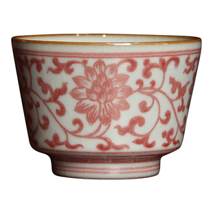 江家窑九寸土汝窑全釉里红缠枝莲马蹄杯茶盏陶瓷茶杯复古茶碗茶具