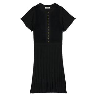 SANDRO秋冬女装法式时尚质感气质黑色花边袖圆领修身短款连衣裙