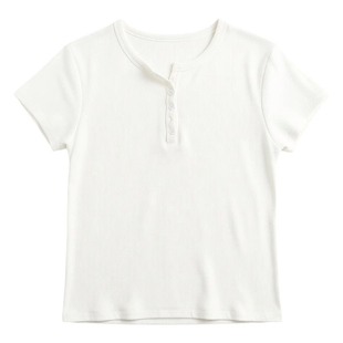松弛感半开纽扣宽松短袖女夏季新T恤弹力亲肤显瘦纯色通勤风上衣