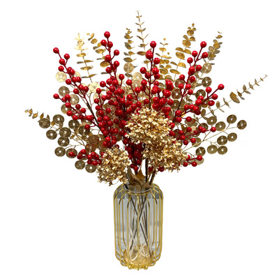 婚礼金色叶子冬青果新年福桶插花