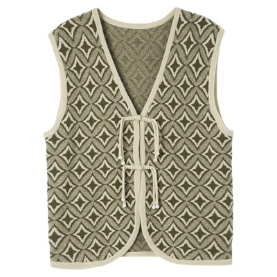 2025秋冬新款时髦加分V领针织100羊绒衫马甲女提花新中式无袖背心