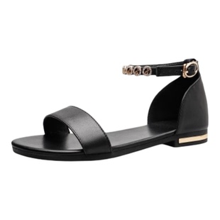 新款特大码女鞋41到46黑色真皮舒适平底凉鞋子43时尚百搭44平跟45