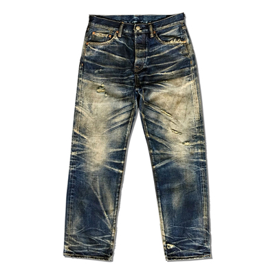 威络重磅泥洗立体猫须手工牛仔裤