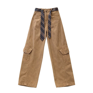 高腰丝带工装阔腿牛仔裤女2026冬季加绒高腰宽松垂感休闲弯刀长裤