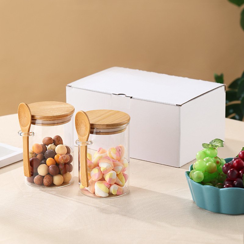 批发圆形玻璃密封罐家用储存罐带储罐物食品木厨房调料瓶套装勺