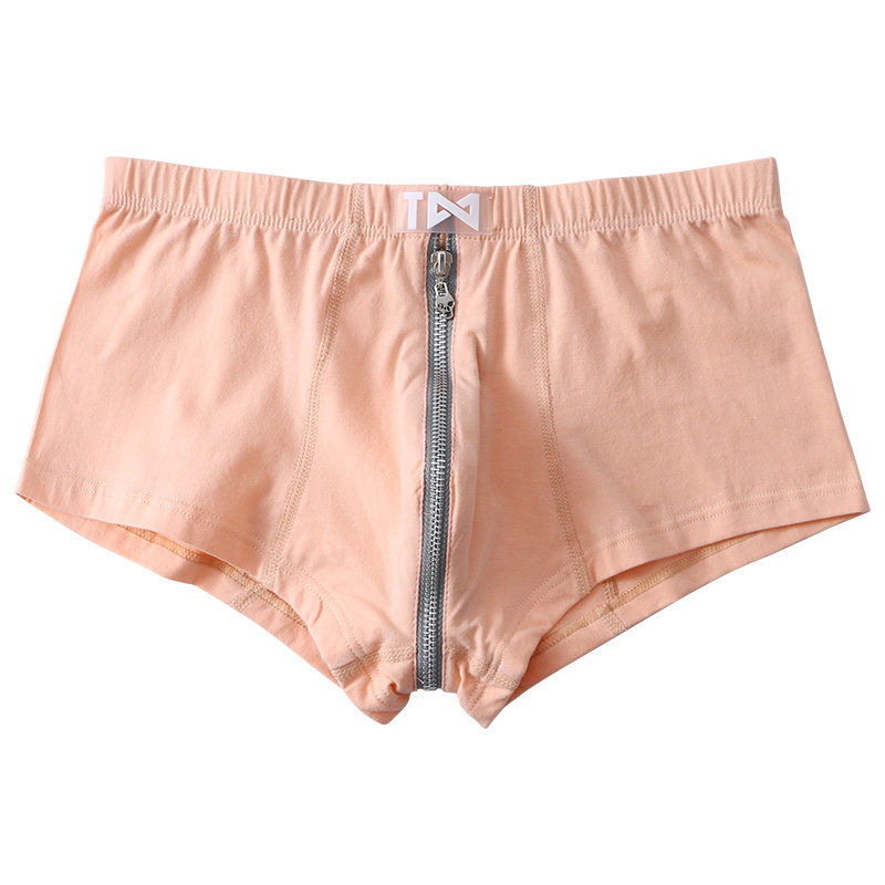 男士低腰平角裤纯色性感拉链全裆紧身男式内裤个性纯棉四角短裤衩