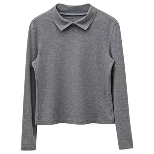 一三良品小个子 气质老钱风 翻领长袖tee 小立领打底衫T恤上衣女