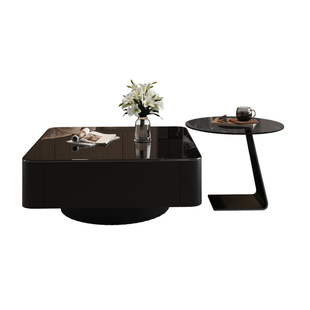 意式黑色钢化玻璃茶几现代简约小户型客厅家用轻奢方形茶桌组合
