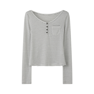 【3/23 00:00新品】修身长袖亨利领条纹长袖t恤女显瘦短款上衣春