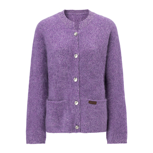 EVAOUXIU花纱羊毛针织开衫羊绒毛衣女气质紫色高级感上衣