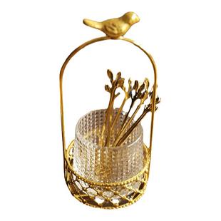 轻奢果叉篮家用金属蛋糕叉客厅玻璃收纳罐水果签创意不锈钢甜品勺