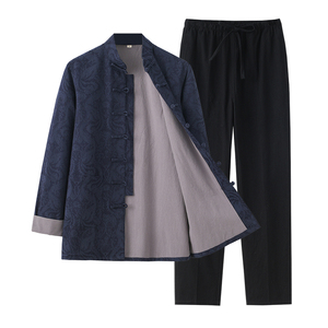 春秋复古提花外套中国风男装两件套中式唐装中老年棉麻上衣茶服