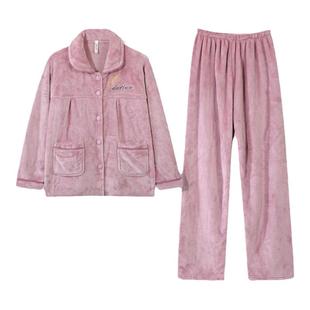 秋冬季珊瑚绒睡衣女冬加厚大码中老年妈妈装女士法兰绒家居服套装