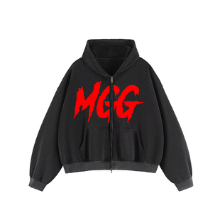 MGG 美式印花卫衣复古水洗做旧破洞连帽短宽BOXY拉链外套百搭帽衫