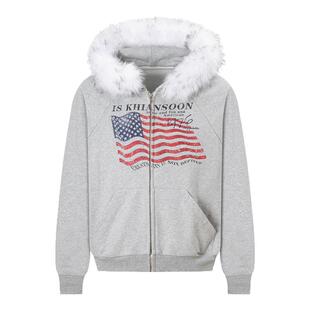 KHIAN SOON美式复古印花旗帜图案加绒拉链连帽卫衣女可拆卸短外套