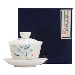 德化猪油白手绘羊脂玉悬停三才盖碗素烧白瓷泡茶单个茶杯功夫茶具