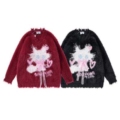 咖喱人美式复古毛绒绒猫咪毛衣做旧破洞V领慵懒软糯套头针织衫