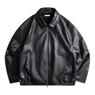 OCTOBEE LAB“羊皮植鞣皮”真皮皮衣解构翻领哑光短宽夹克外套男
