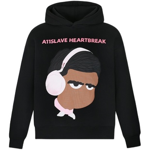 A11SLAVE潮牌秋冬卡通人像印花连帽衫加绒卫衣美式复古情侣款上衣