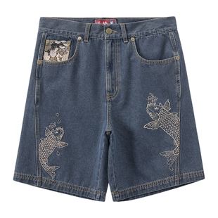 ONIARAI/鬼洗25春夏新品泥棒蓝双鱼刺绣牛仔男式短裤 25N0546