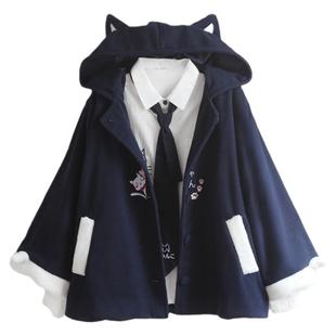 另类jk可爱男女款日系魔法斗篷猫刺绣法兰绒加厚大衣耳朵连帽外套