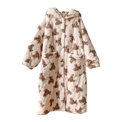 睡袍冬季女珊瑚绒三层夹棉家居服