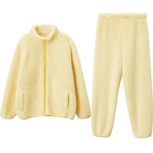 红豆情侣泡泡绒睡衣加厚可外穿男女士立领抗静电保暖冬家居服套装